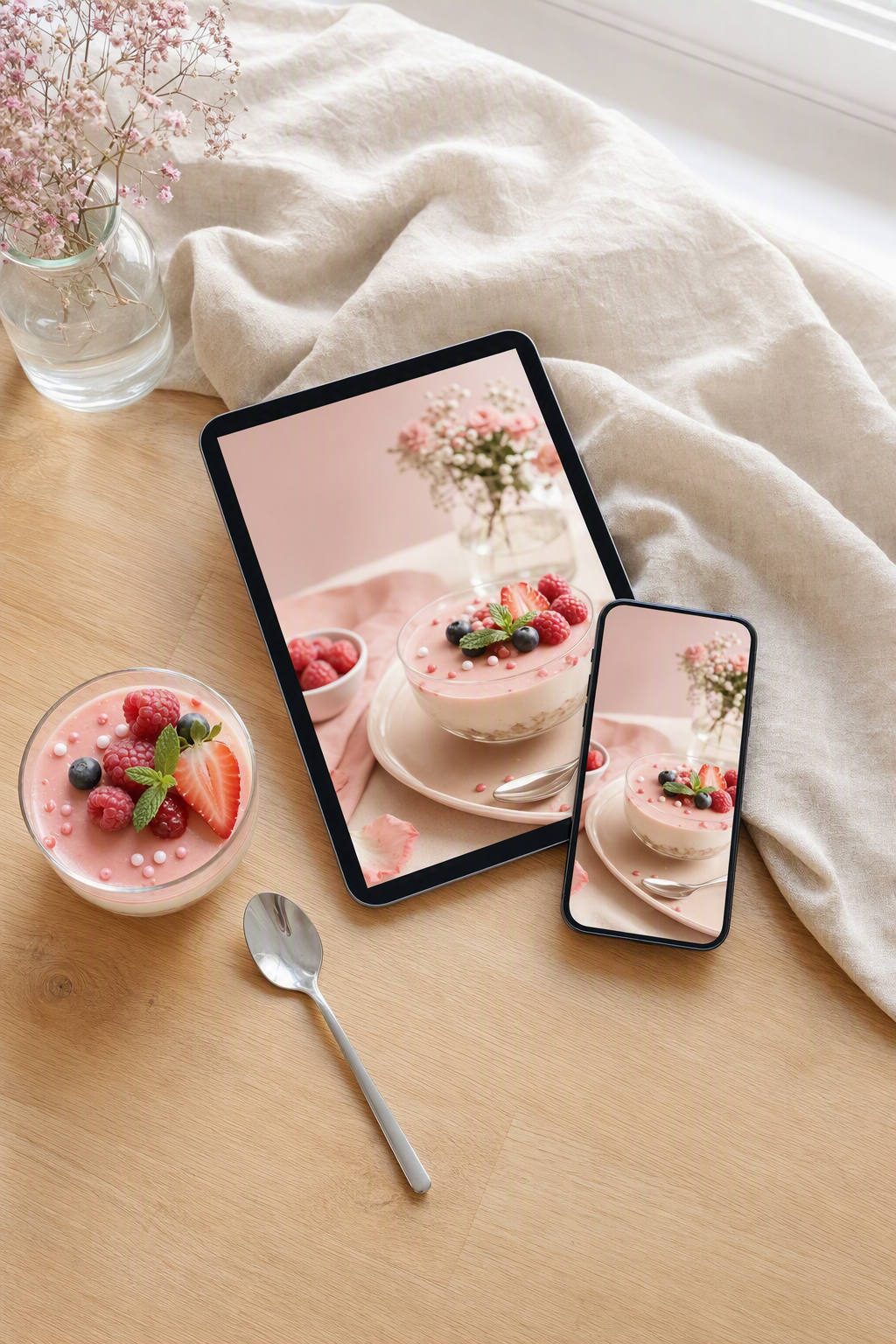 El ebook de recetas abierto en tablet y celular